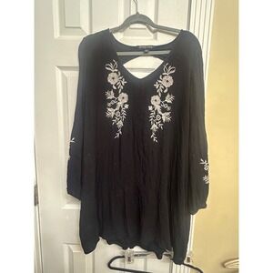 Always Indigo Black Floral Embroidered Boho Tunic Bell Sleeve Cutout Back 1X